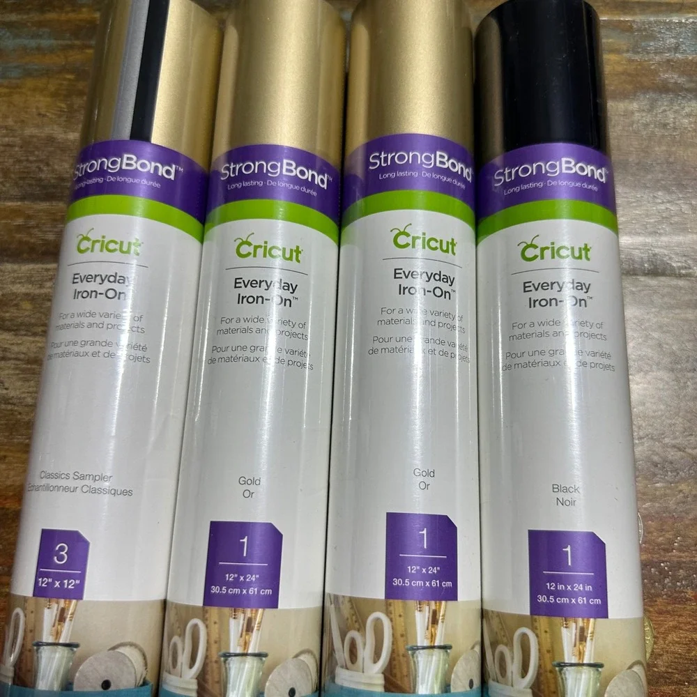 Cricut Everyday Iron-On Vinyl Bundle Gold Black Classics Sampler 4 Rolls NEW